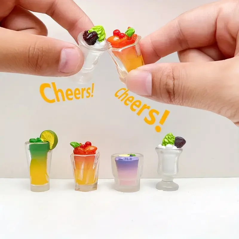 

Set of 4 Mini Resin Drink Miniature Models - Colorful Lemonade & Ice Cream Cups with Fresh Fruit Toppings Detailed Designs
