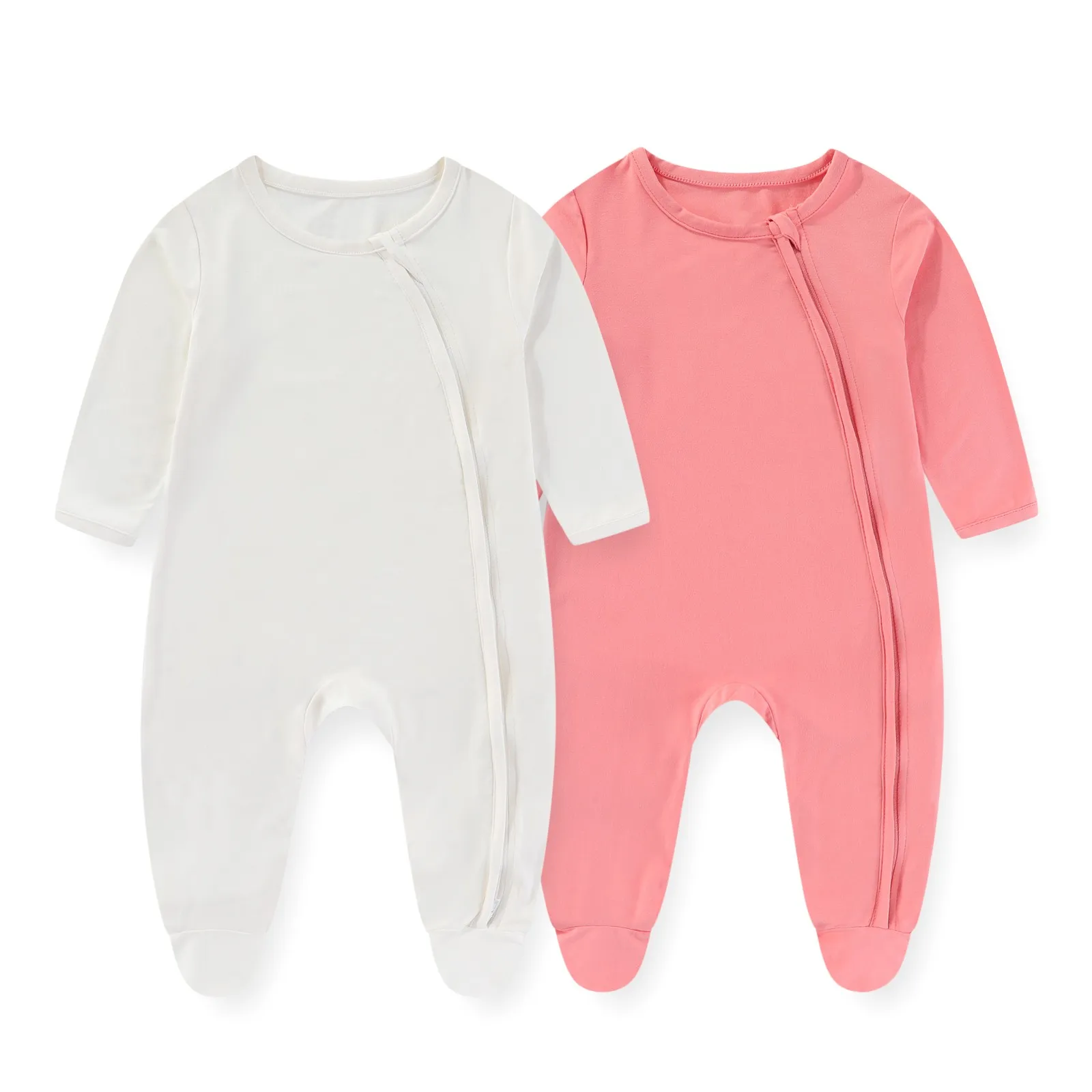 Monos de algodón Unisex para bebé recién nacido, ropa de manga larga con cremallera de 2 vías, Color sólido, 0-12M, Otoño, 2 piezas