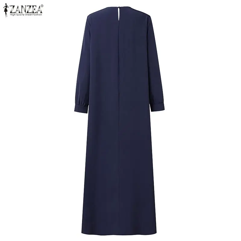 ZANZEA Muslim Hijibis Paild Patchwork Maxi Dress Women O-Neck Long Sleeve Abaya Robes Islamic Casual Loose Ramadan Eid Kaftan