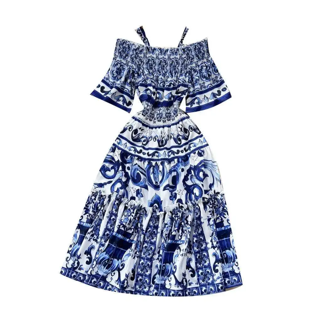 فستان متوسط الطول بطباعة المدرج للنساء عباد الشمس ، قطع الكتفين ، رقبة مائلة ، طباعة زهور ، فستان صيفي طويل للعطلات ، الصيف ،