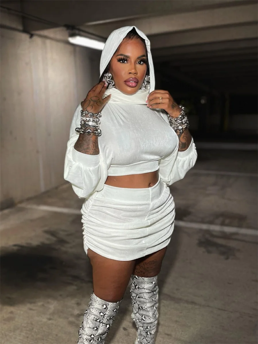 

Sisterlinda Lantern Sleeves 2 Piece Set Women Basic Sexy Hooded Crop Tops+Ruched Peach Buttocks Skirt Stretch Party Club Suits
