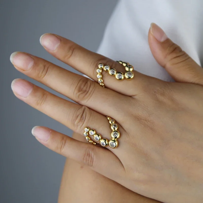 New Women Finger Jewelry Us Size 6 7 8 Full Paved 5A Cubic Zirconia Geomeric Round Bezel CZ Ring Gold Color