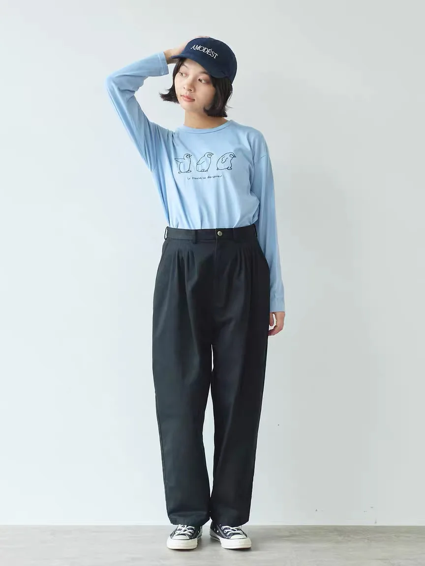 Casual Loose Long Sleeve round Neck Short T-Shirt Women's Cotton Embroidery Cute Penguin Letter Pattern Autumn New Style Japa...
