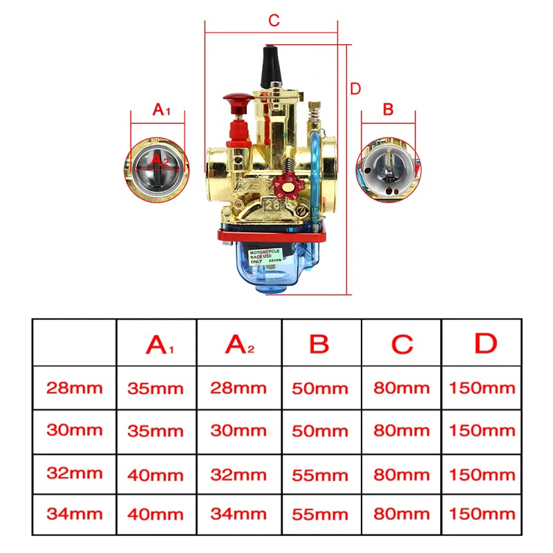 PWK 28 30 32 34 mm Vergaser Motorrad Flachvorhang Vergaser Goldener Rennvergaser mit transparenter Bodenabdeckung