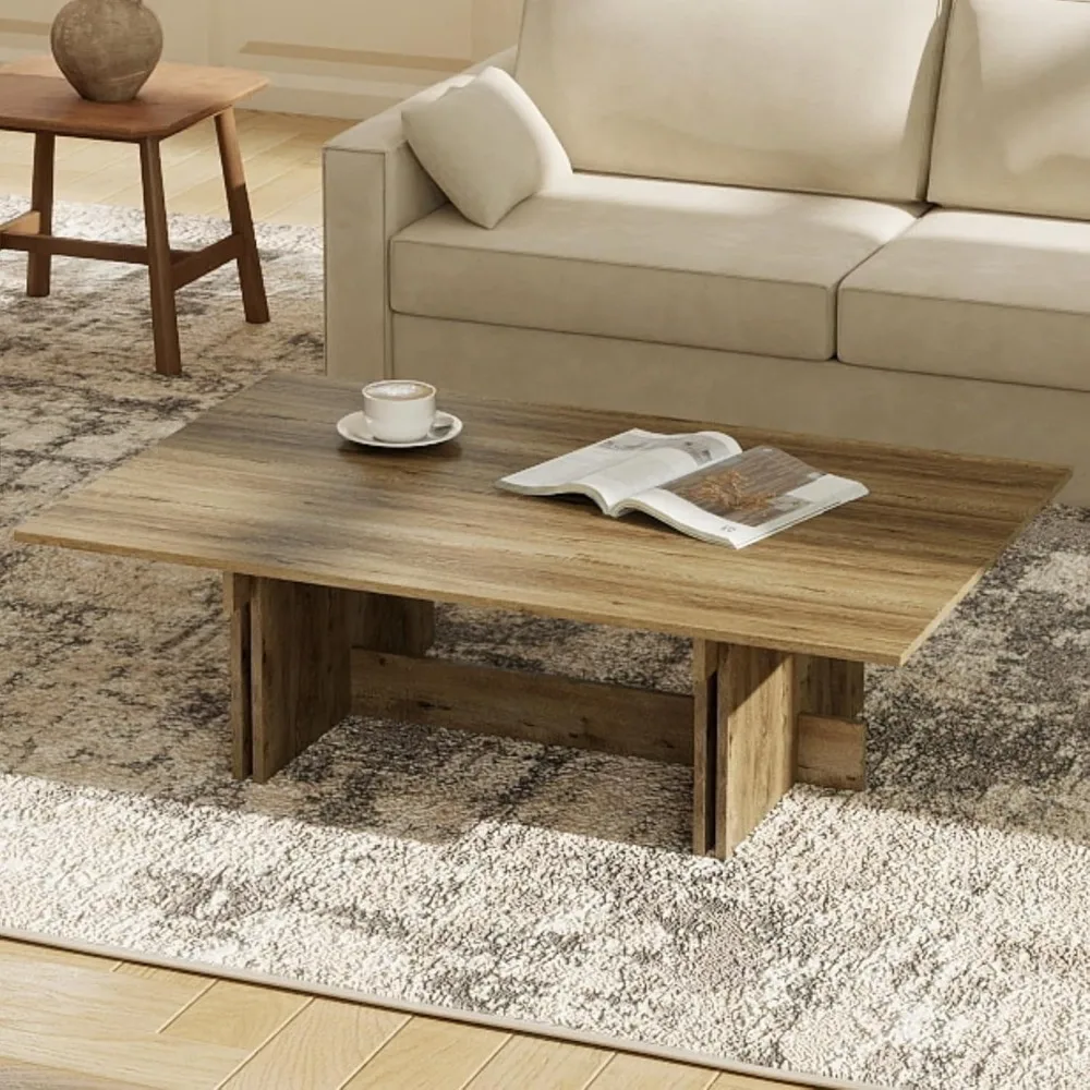 

47 inch modern coffee table, large rectangular wooden center table with a cross base in the living room