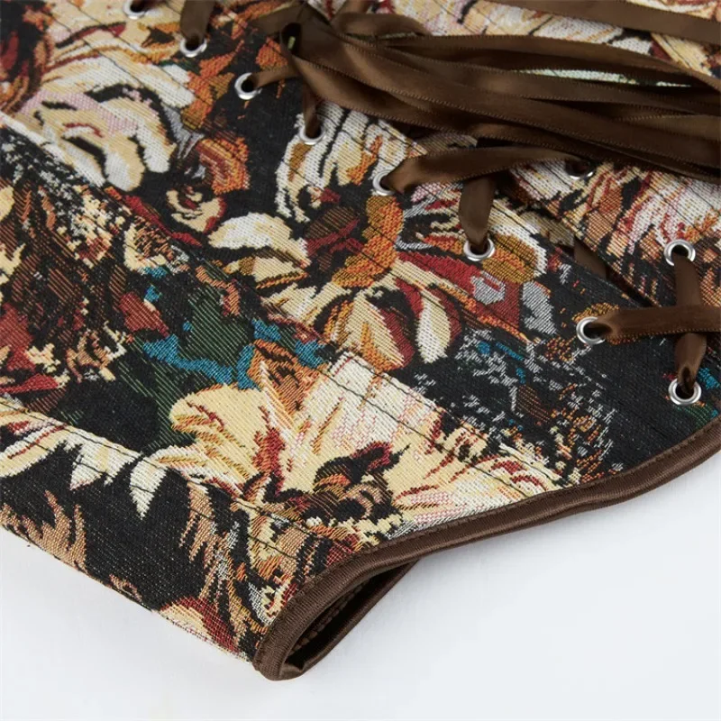 Fashion Women's Bustier Vintage Front Lace Up Corset Crop Top with Strap Boned Overbust Body Shaper Vest