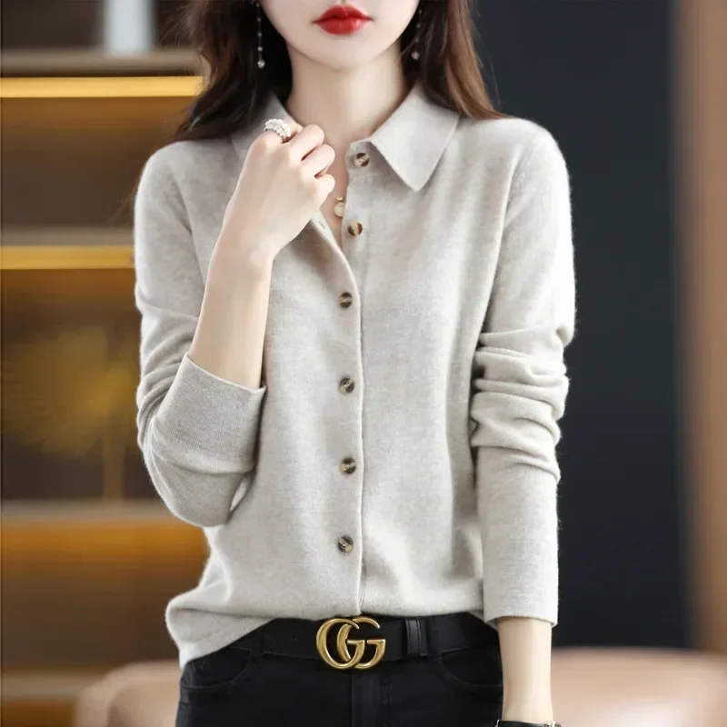 Spring and Autumn POLO Collar Sweater Knitted Shirt with Loose Long-Sleeved Non-Cashmere Cardigan Temperament Lapel Jacket