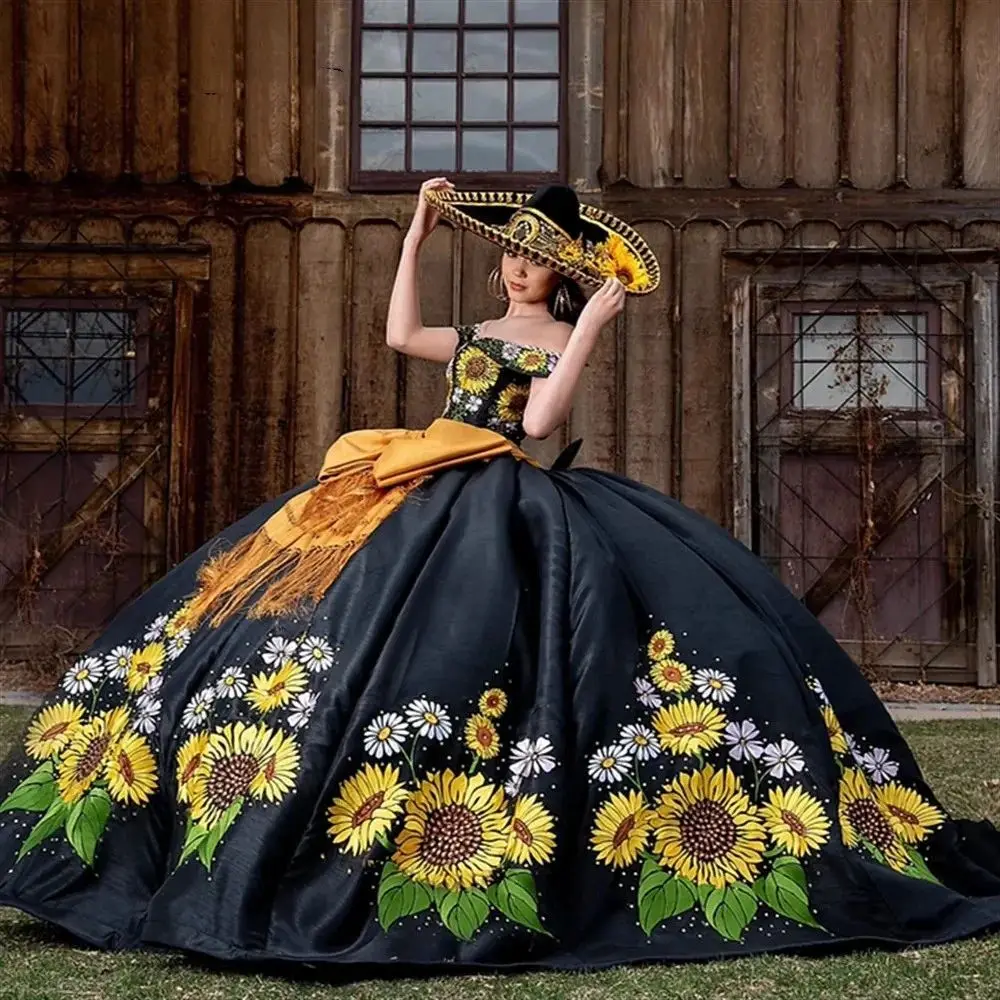 Lorencia vestido de quinceañera negro, vestido de fiesta de princesa dulce, apliques bordados de girasol con lazo, cumpleaños de 16 años, YQD185