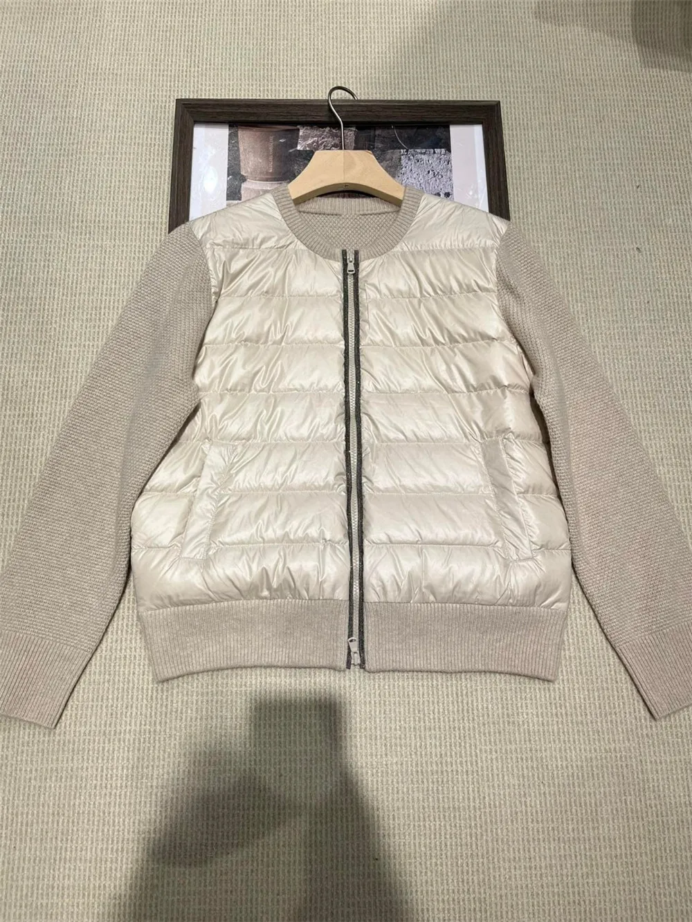 2024 Women New B*C Beaded Cashmere Patchwork Goose Down Jacket  Female Winter Warm Zip O-Neck  Luxury Down Coat