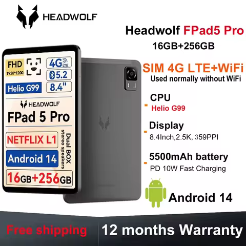 HEADWOLF FPad5 Pro Android 14 tablet 8.4 inch Max 16 Ram 256GB ROM UFS2.1 Octa-core G99 Tablet PC 5500 mAh Support WideVine L1