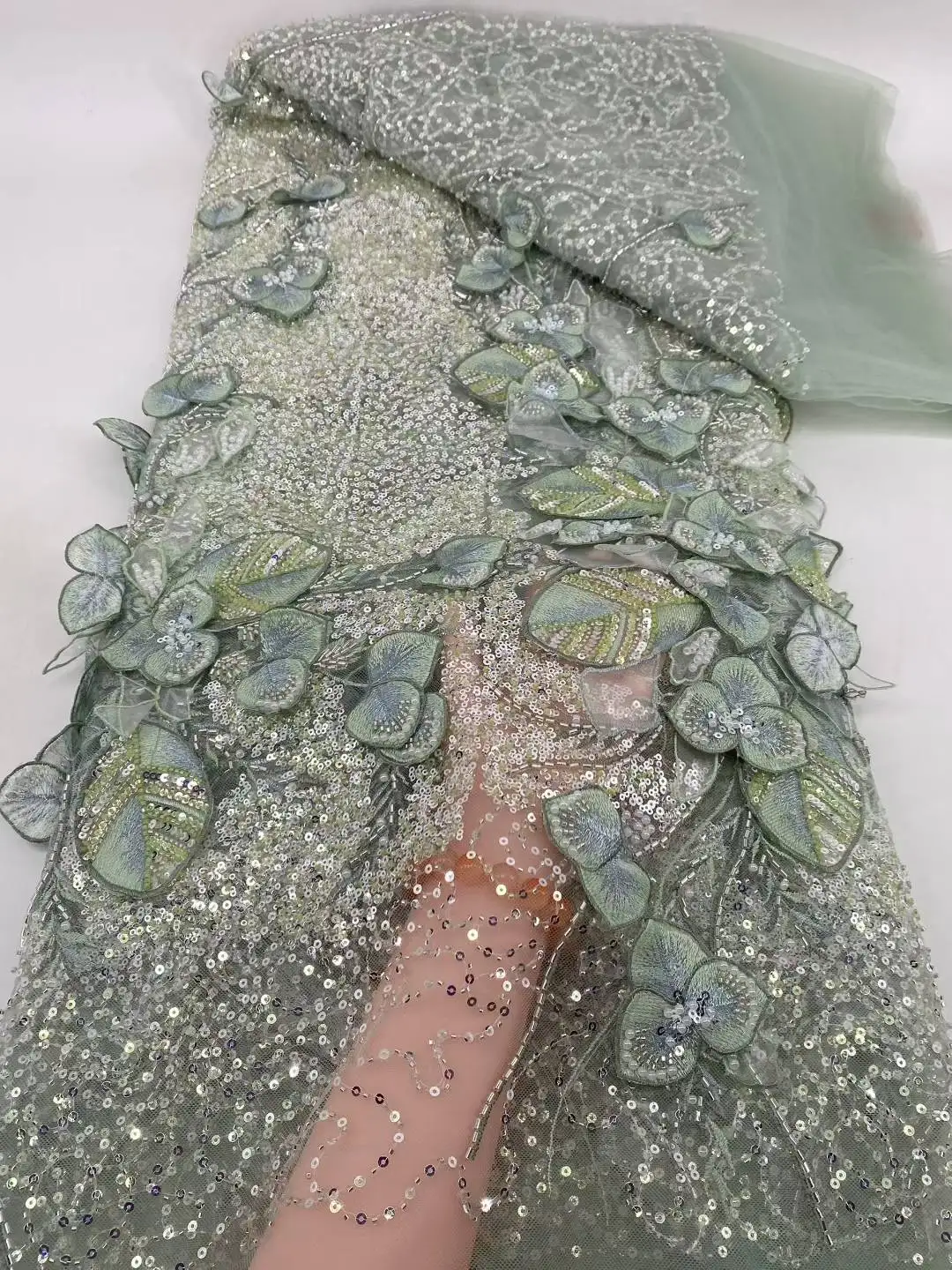 

Latest African Heavy Sequins BeadsTulle Lace Fabric 2025 High Quality Lace With Flower Nigerian French Lace Fabric For Wedding