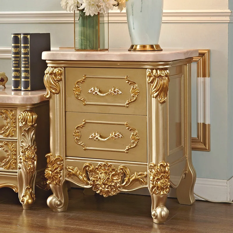European style marble dining cabinet with champagne gold edging and carved luxurious solid wood living room TV cabinet furniture