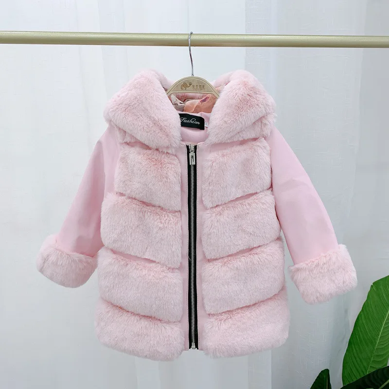 2023 autunno neonata vestiti invernali cappotto di cotone coreano Unisex capelli di coniglio con cappuccio imitazione pelliccia corta calda tinta