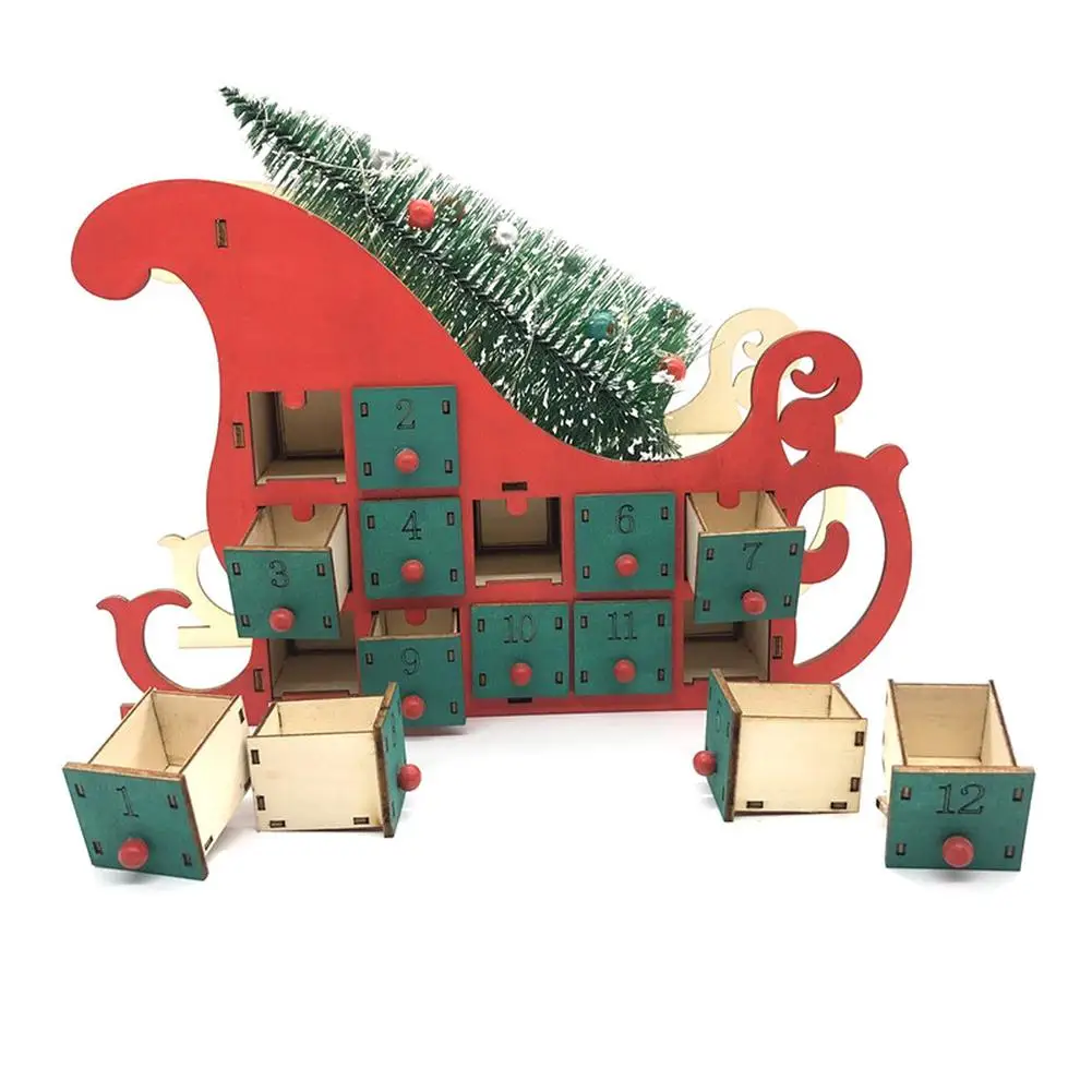 

Christmas Countdown Wooden Advent Calendar Sleigh Shape With 24 Drawers Lights Christmas Tree Advent Figurines Art Birthday Gift