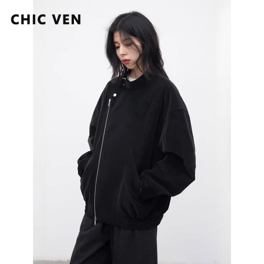 CHIC VEN 女性ジャケットファッション黒スタンドアップカラージッパーフェイクレザーコートストリートレディ服春秋の新 2026