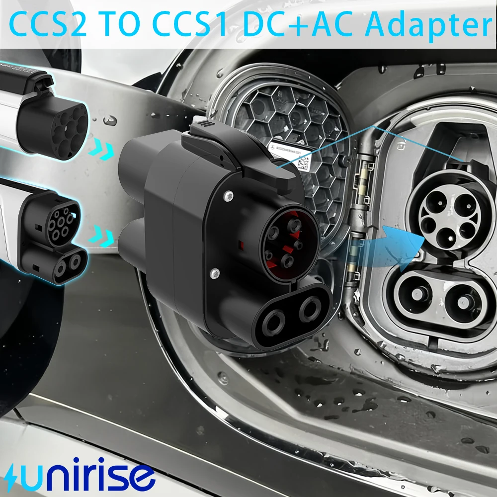 Adaptador Unirise CCS2 a CCS1 EV 250kW 250A 1000v DC + conector de cargador de CA CCS Combo 2 a CCS1 adaptador de carga rápida para coche eléctrico