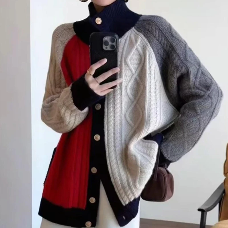 

Ladies Cardigan 100% Merino Wool Loose Blocking Color High Neck Sweater Autumn Winter Knit Thick Clothing Warm Soft Casual Top