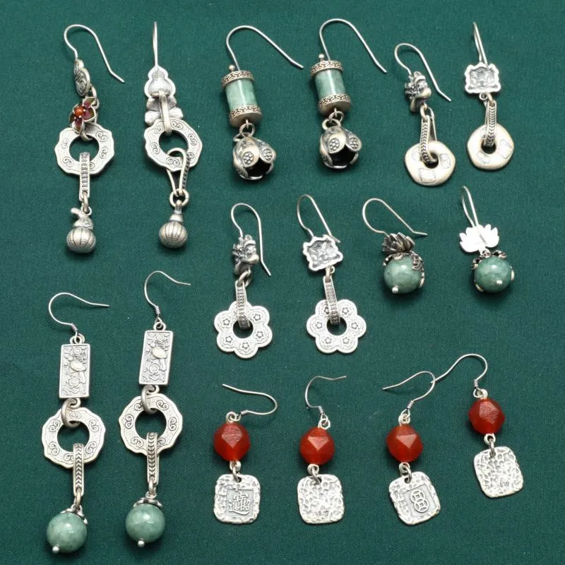 

Langyan 925 Sterling Silver Small Drop Earrings for Women Gilrs Vintage Ethnic Style Flower Lion Agate Jade Lotus Earrings EH260