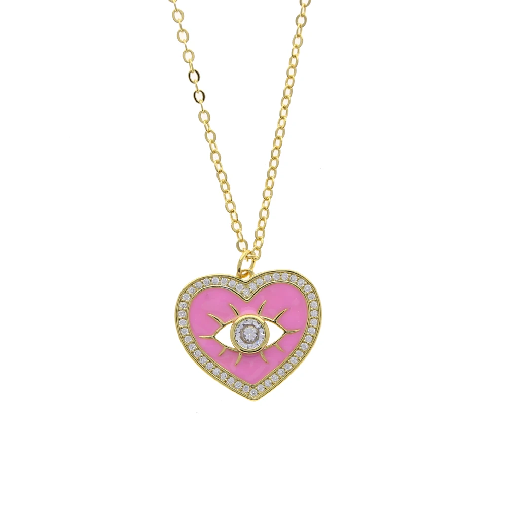 LOVE Heart Shape Carve White Evil Eye Cz Pendant Necklacez for Women Paved Pink Blue Enamel  Gold Plated Color Fashion Jewelry