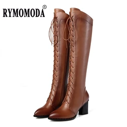Femmes genou bottes hautes 2026 luxe vache en cuir véritable marron noir talons hauts botte longue concepteur femme chaussures d'hiver grande taille 42