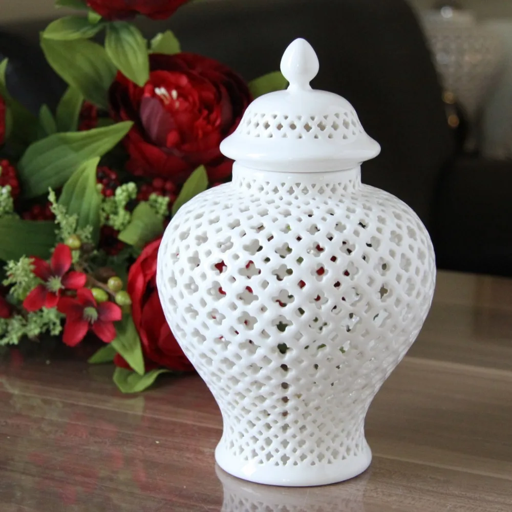 White Ceramic Ginger Jar Hollow Storage Jars with Lid Retro Universal Vase Handicraft Ornaments Home Decor