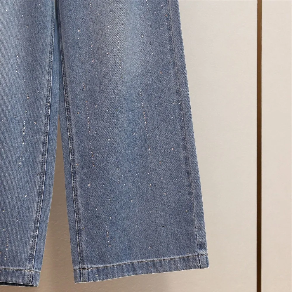 2025 Ropa de mujer Jeans, algodón puro, diamantes de imitación, corte holgado, cintura alta, pantalones de pierna ancha, nuevo sujetador de pantalones de alta calidad Y2K