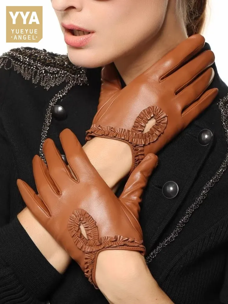 Women Genuine Leather Glove Elegant Accessories Female Motorcycle Riding Gloves Hollow Out Spring Short Style Sheepskin Mitten