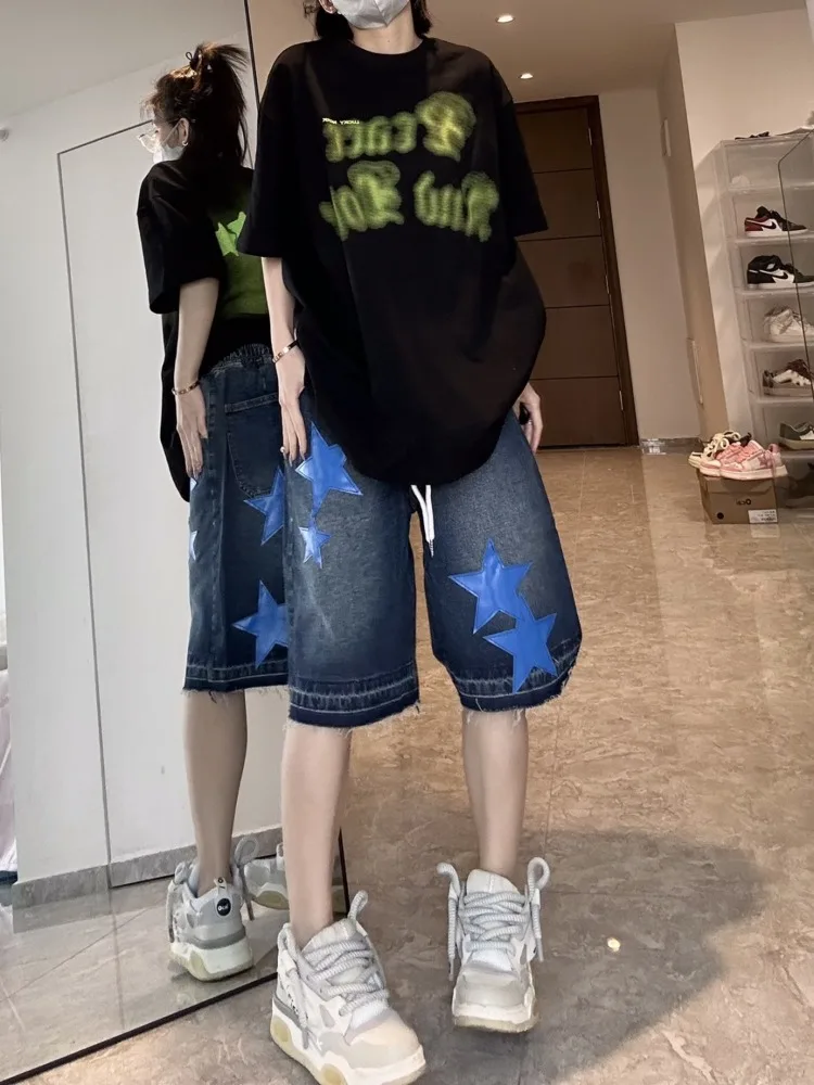 American Style Star Patch Embroidered Jeans Vintage High Waist Denim Shorts For Women 2025 Summer New Five-point Pants