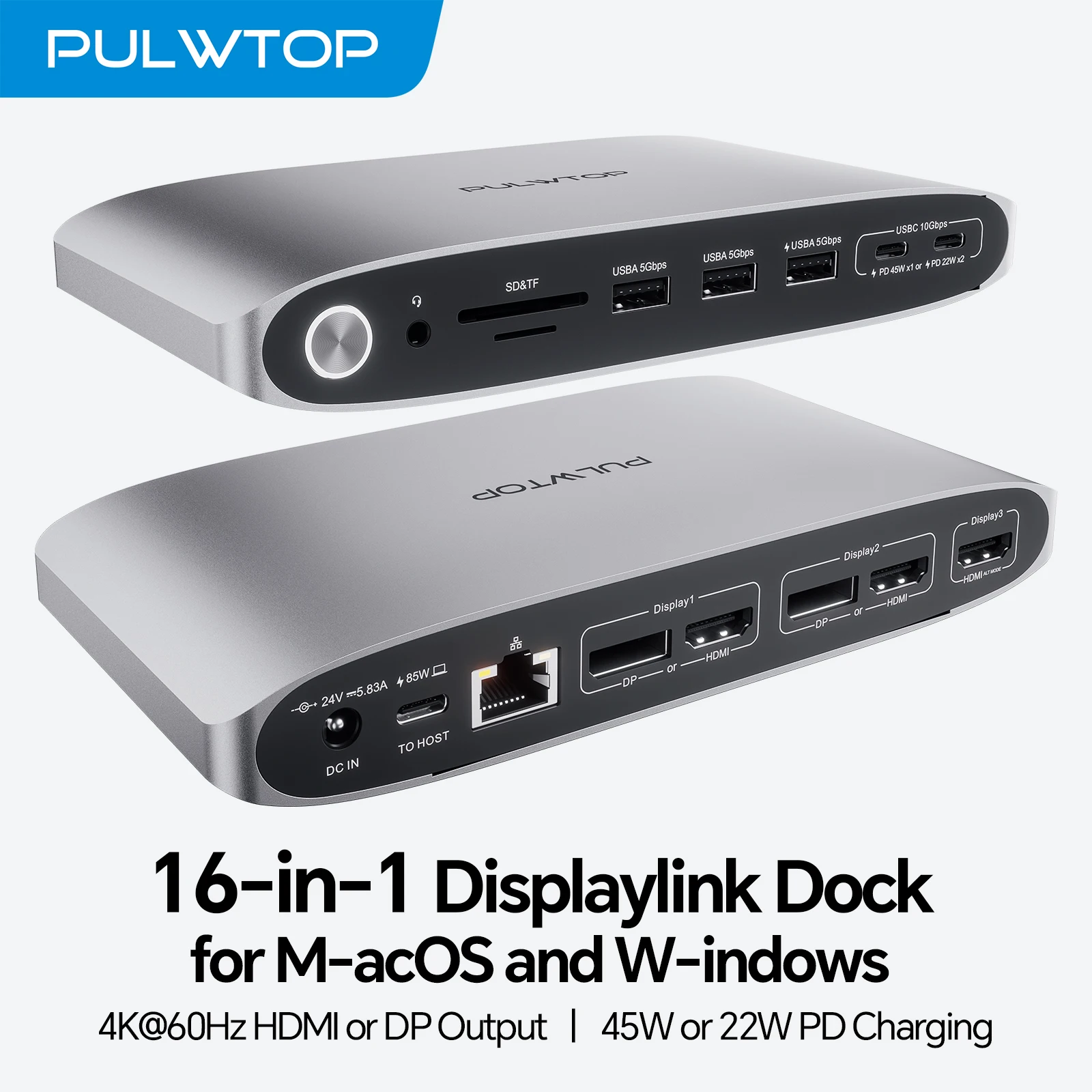 PULWTOP DisplayLink Docking Station with 3 HDMI & 2 DP, 5 x USBC/USBA Data Charging Ports for Windows/Macbook