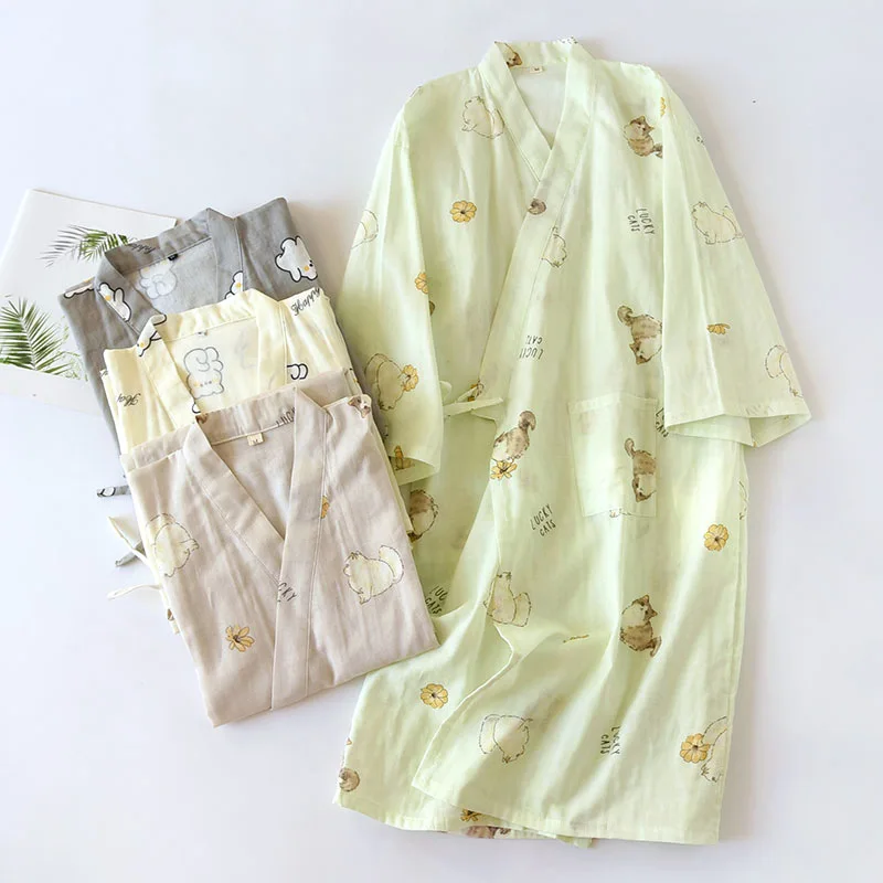 

Japanese Gauze Cotton Kimono Nightgown Ladies Spring Summer Thin Loose Bathrobe Strap Cotton Pajamas Sleepwear