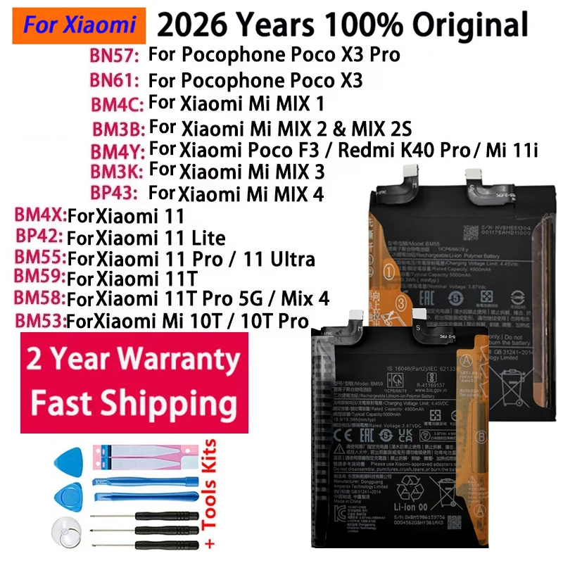 100% Original Batterie Für Xiaomi Redmi Pocophone Poco Mi Mix 1 2 2S 3 4X3 F3 K40 10T 11T 5G Mi11 11i Lite Ultra Pro Batterien