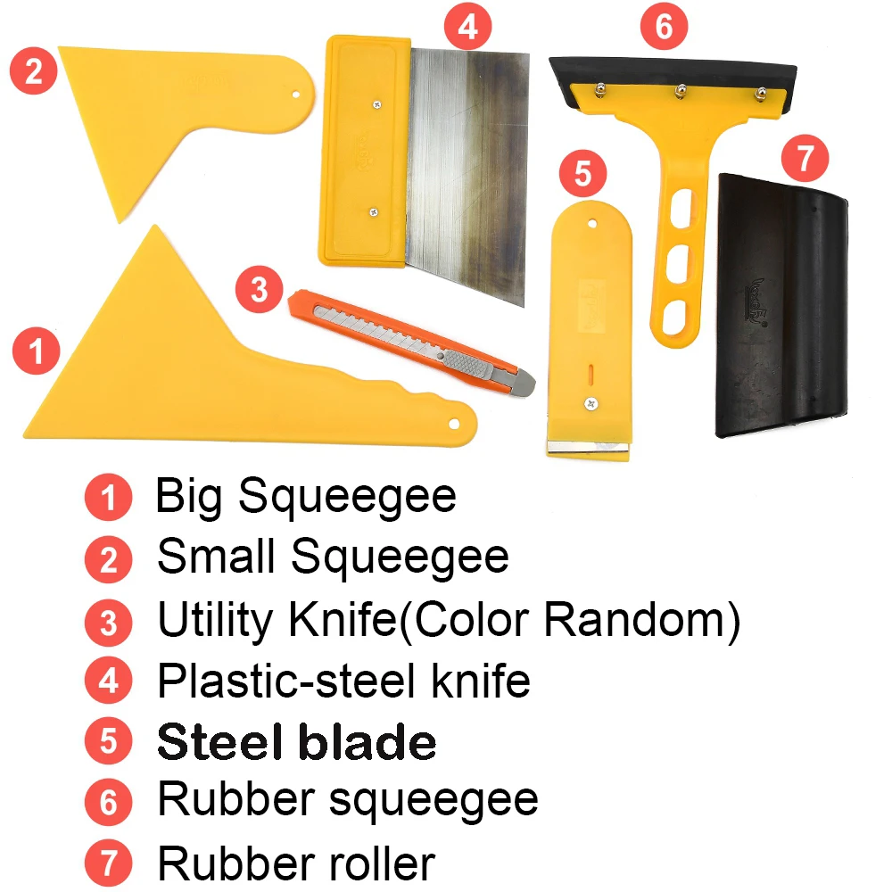 7Pcs Car Window Tint Application Tools Kit Glass Solar Film Tinting Tool, T Rubber Squeegee Plastic Scraper Wrap Slit Blade