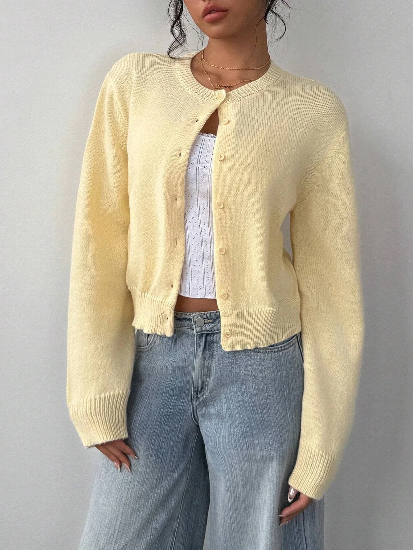 

Women's Casual Solid Color Round Neck Long Sleeve Loose Cropped Top Single-breasted Sweater Cardigan Streetwear Autumn/Winter