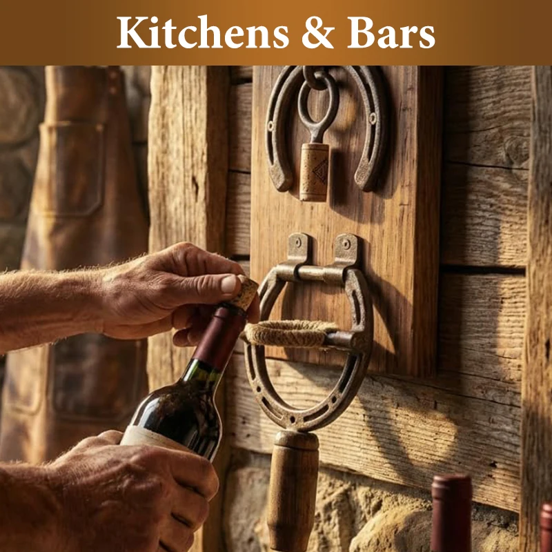 

Wall Mounted Rustic , Industrial Styling Horseshoe Opener for Kitchen, Vintage Decor with Bottle Cap Catcher