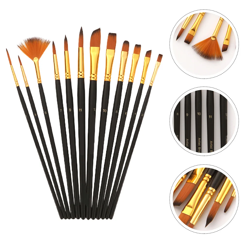 

12Pcs Nylon Hair Paint Brush Set Wooden Handle Durable Paint Supplies for Watercolor Oil Gouache Painting Oil Painting Brush
