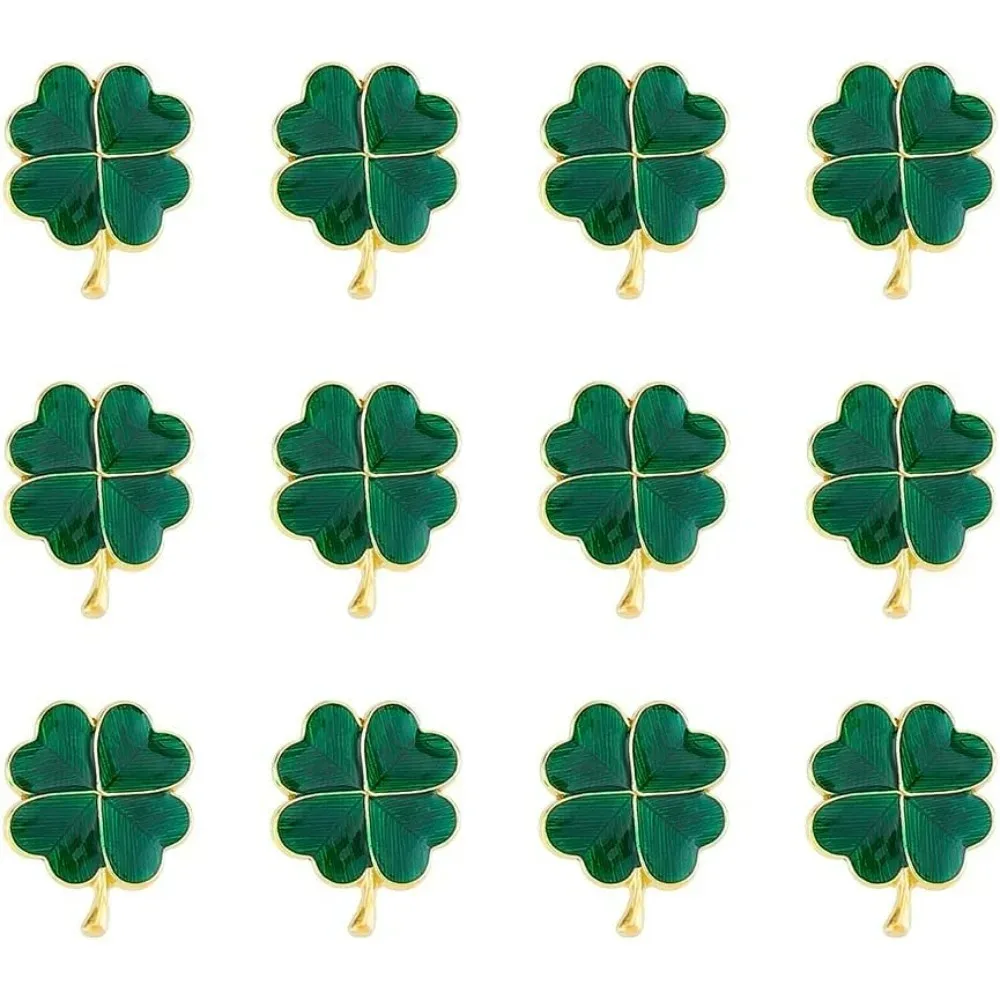 

12 Pcs Dark Green Four Leaves Clover Pins St. Patrick's Day Clover Studded Brooch Metal Enamel Luck of The Irish making kit