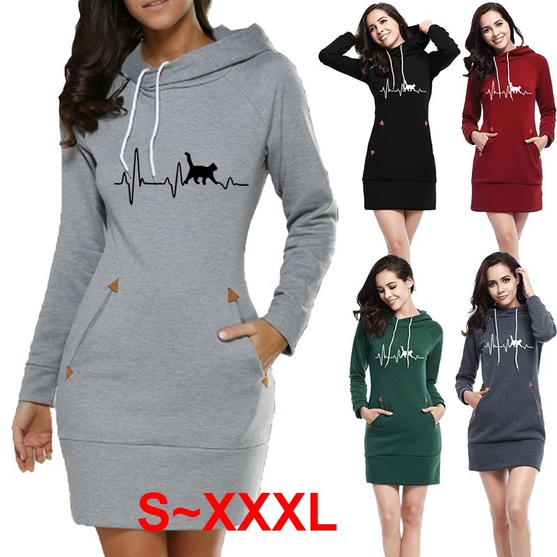 New Women's Hoodie Dress Sports Pullover Dress Fashion Printed Cotton Long Sleeve Slim Fit Pocket Hoodie Dress S-3XL