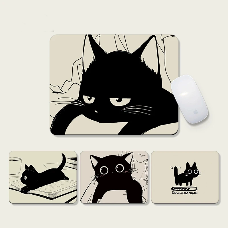 Black Cat Illustration Mouse Pad Small Office Table Mats Computer Accessories Washable Anti-slip Rubber with Precision Lock Edge