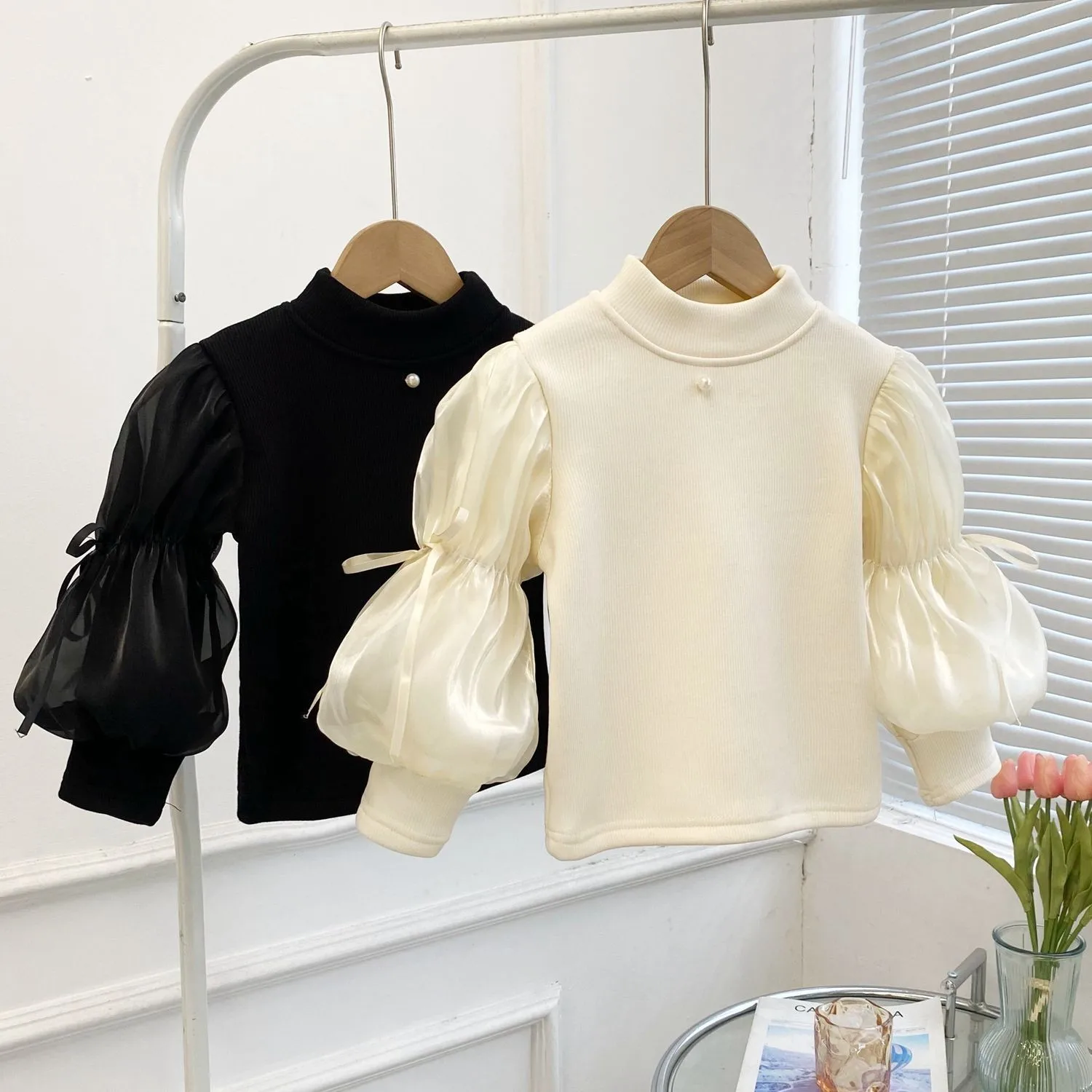 

Girls' Fleece Base Layer Sweater Semi-High Collar Children's Innerwear with Lantern Sleeves Fashion Winter and Autumn