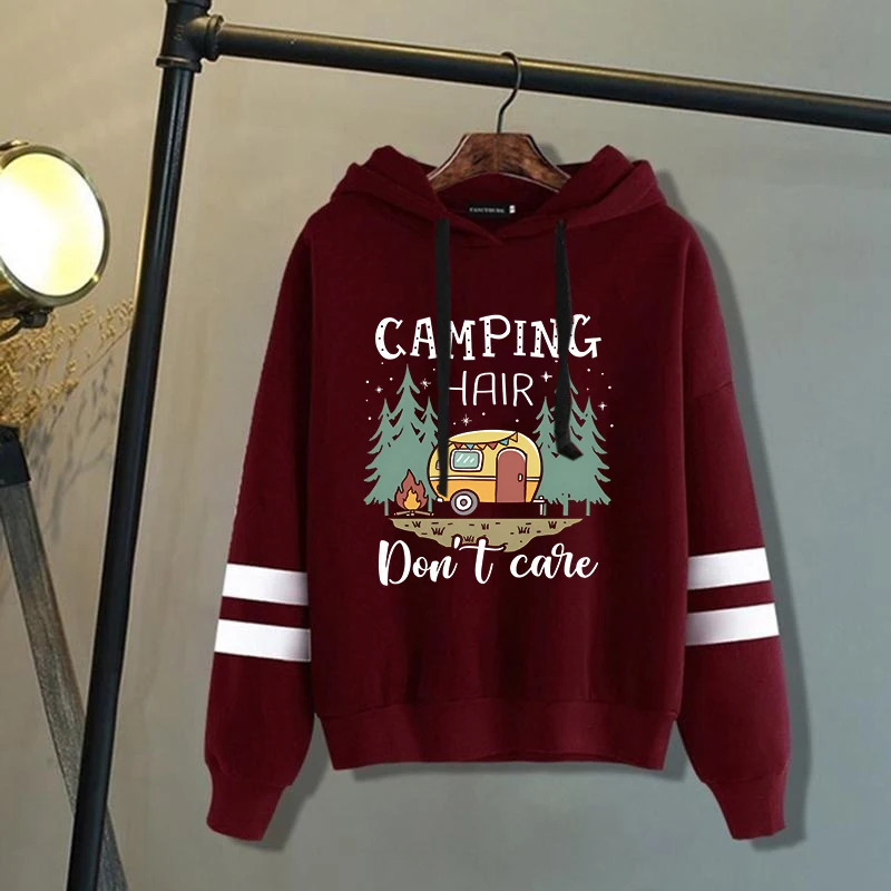 Camping Hair Don'T Care Letter Print Sweatshirt Women'S Casual Top Harajuku Fashion Hooded Sweatshirt Long Sleeve