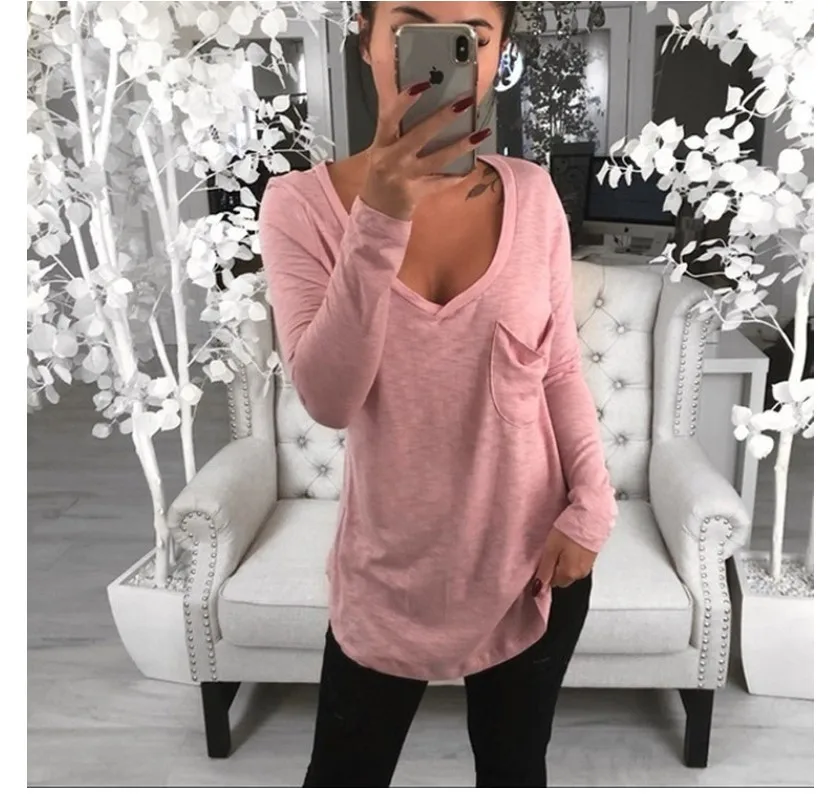 المرأة الصلبة اللون أزياء الخامس الرقبة طويلة الأكمام تي شيرت السيدات عارضة بسيطة تي شيرت #5