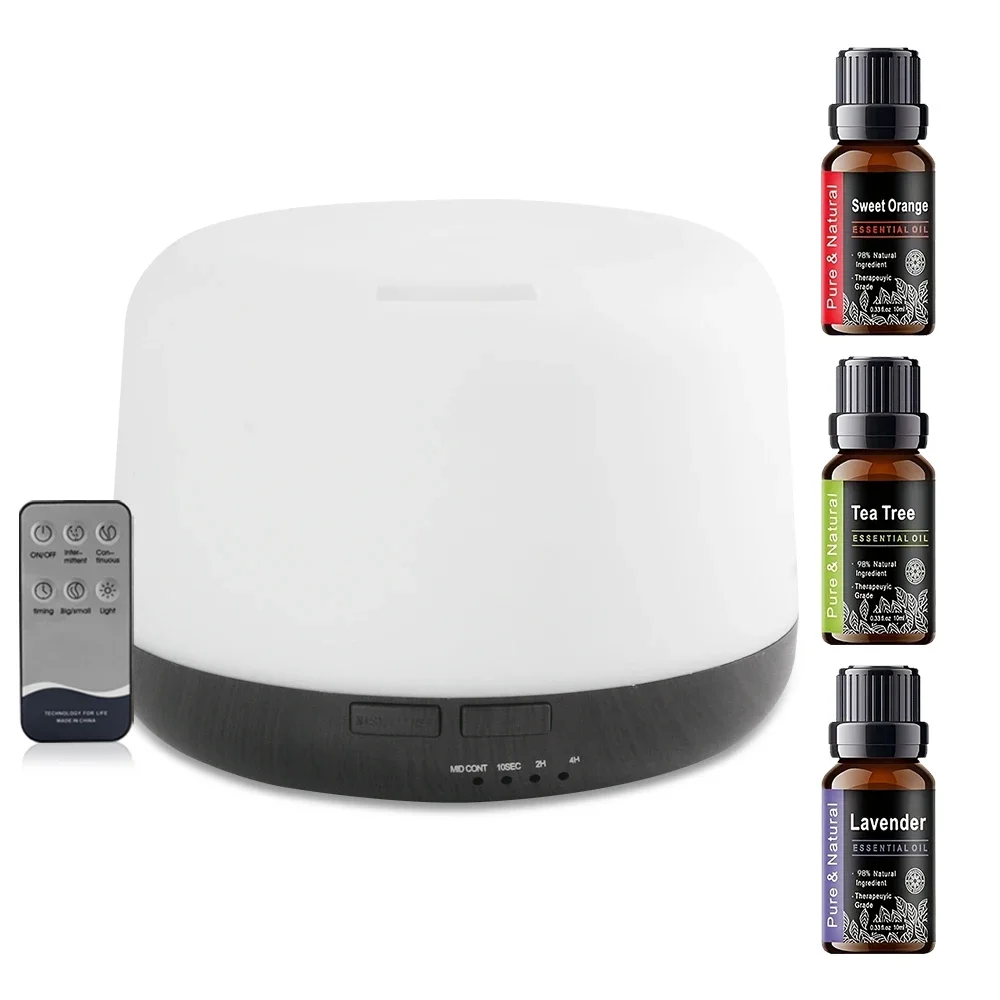 500ml Essential Oil Diffuser with Remote Control Ultra Quiet 7 Color LED Night Light Aromatherapy Humidifier Comes with 3Pcs Essential Oils for Home Bedroom