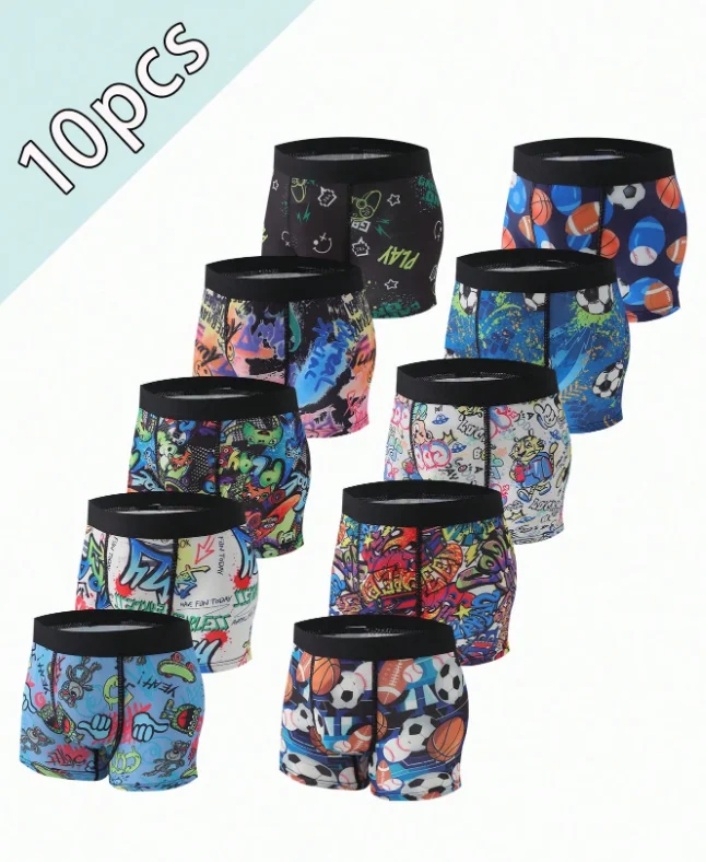 10 Pieces of Fun Digital-Printed Knitted Milk Silk Boys' Boxer Shorts, Soft and Comfortable Fabric That Is Skin-Friendly, Suitable for Summer Beach Wear, Can Be Used as Sleep Pants, Can Be Worn in All Seasons, and Won'T Get in the Way during Movement