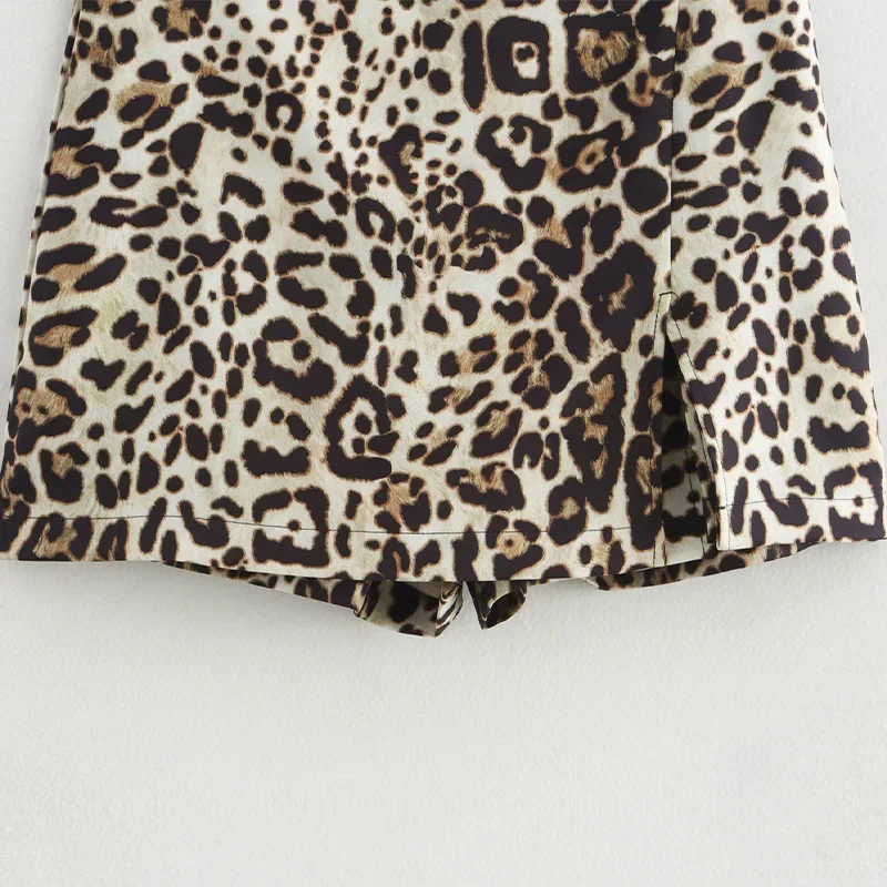 Women Fashion Leopard Printed Front Slit Side Zipper Mini Skirts Shorts Vintage High Waist Female Chic Lady Shorts