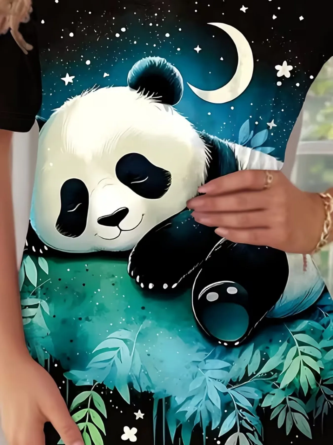 Dreamy Starry Sky Moon Sleeping Panda Pattern Women's Round Neck Short Sleeve Home Nightgown