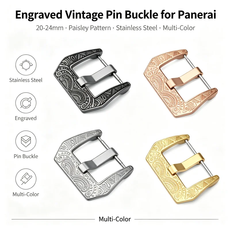 Engraved Vintage Pin Buckle for Panerai 20-24mm Paisley Pattern Stainless Steel Multi-Color Men Replacement Watch Accessories