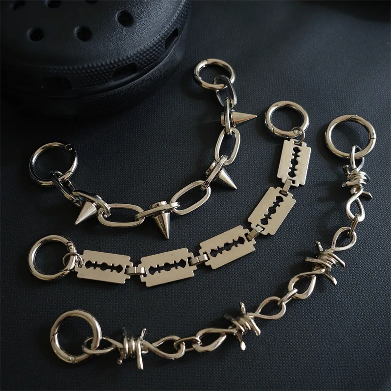 1 sztuk Croc buty Charms metalowe złoto srebrny, zwracający uwagę czarny łańcuch buty DIY ozdoby metalowe wisiorek klamra prezent akcesoria Shoelace