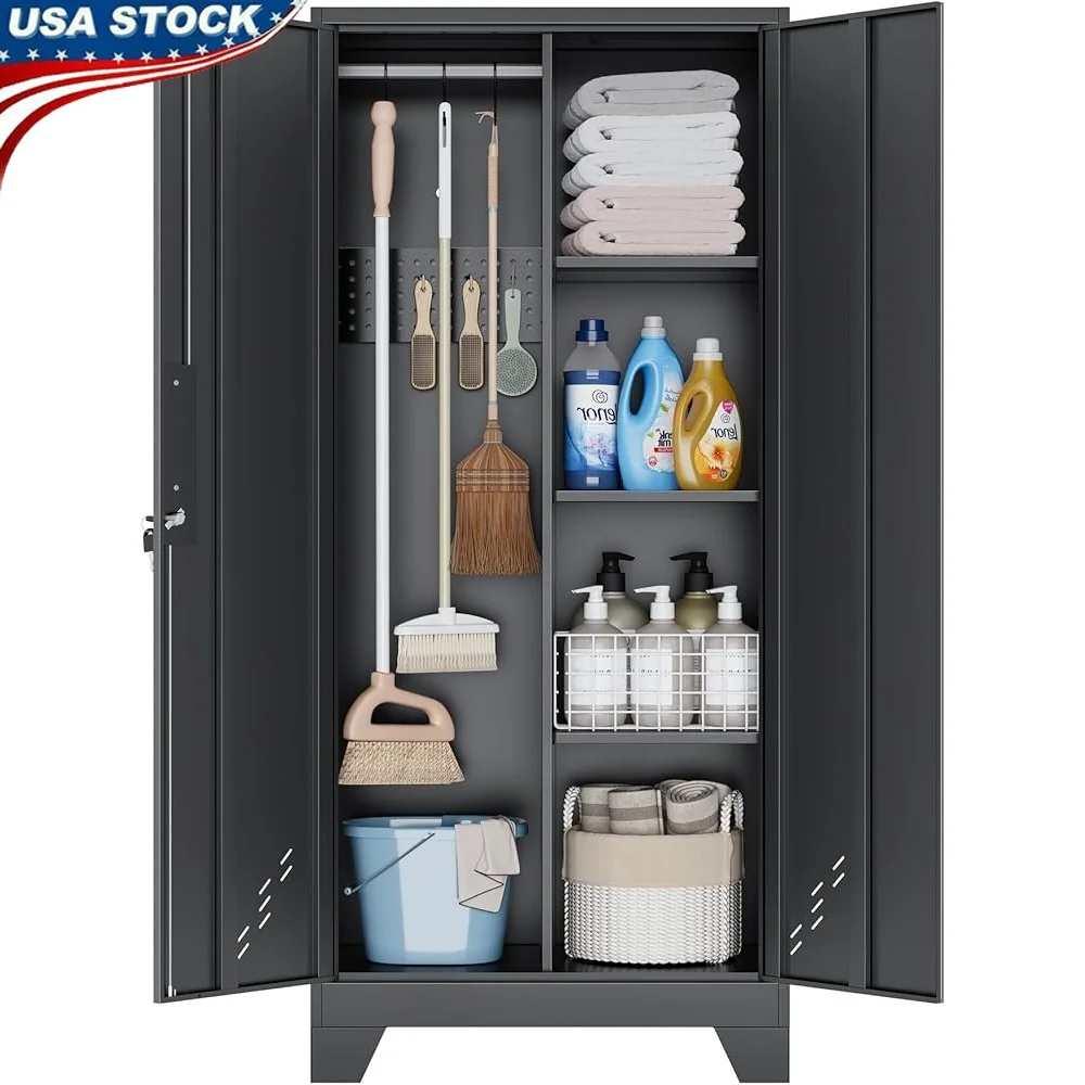 

Lockable 61 Inch Metal Storage Cabinet with Pegboard Broom Closet Tool Organizer Home Garage Utility