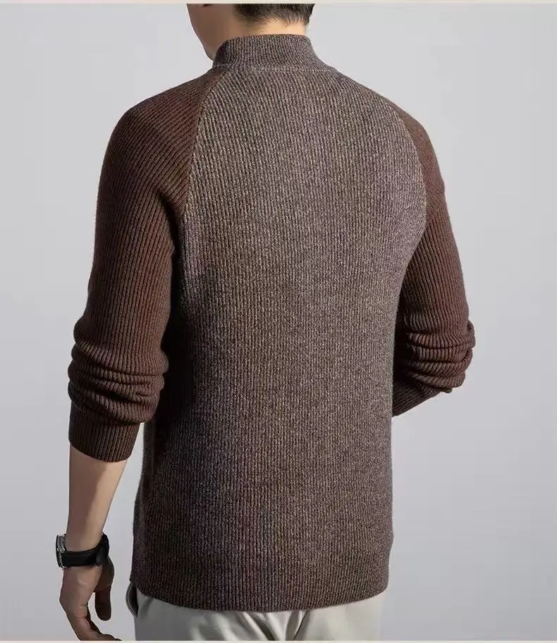Pure cashmere cardigan coat men's autumn and winter color matching collar sweater men's padded sweater