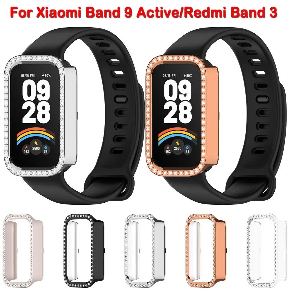 PC Protective Case Diamond Crystal Bling Watch Bumper Anti-Scratch Screen Protector for Xiaomi Band 9 Active/Redmi Band 3